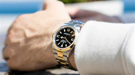 rolex explorer two tone on wrist
